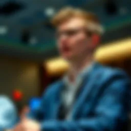 Vitalik Buterin speaking at a blockchain conference